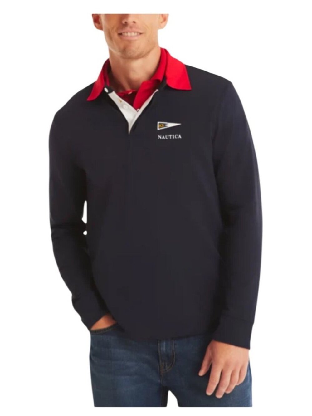 Nautica Mens Classic Fit Rugby Long Sleeve Polo Shirt Navy L Cotton blend NWT
